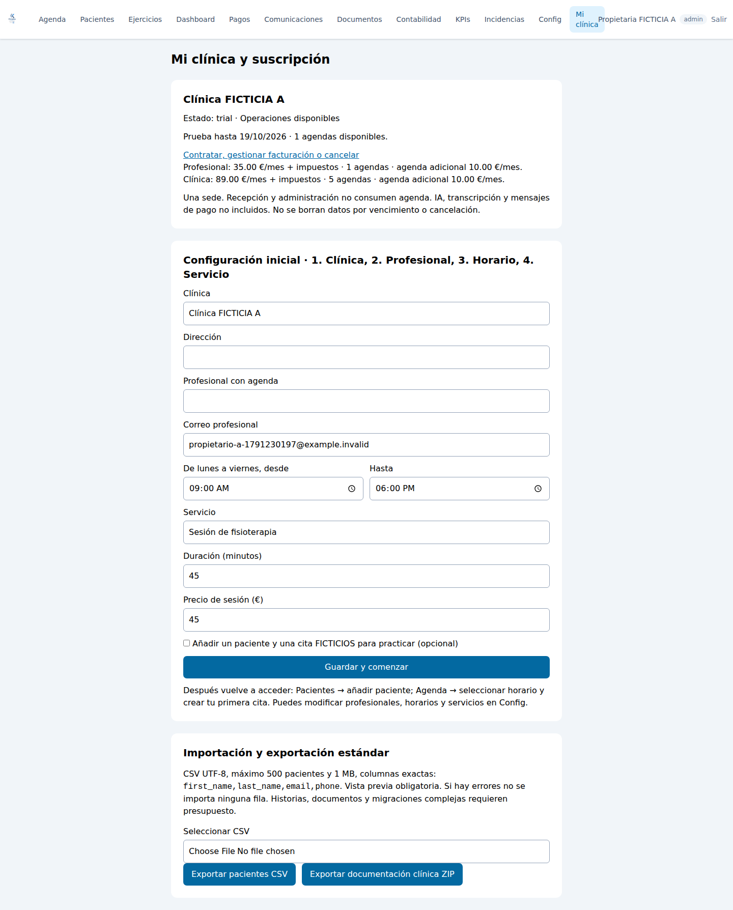 Asistente real de alta de Kinelia: clínica, profesional, horarios y servicio, con opción de datos ficticios